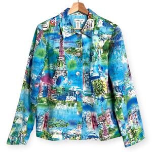 Coldwater Creek Linen Blend Paris Scene Art To Wear Jacket Women's Size PM